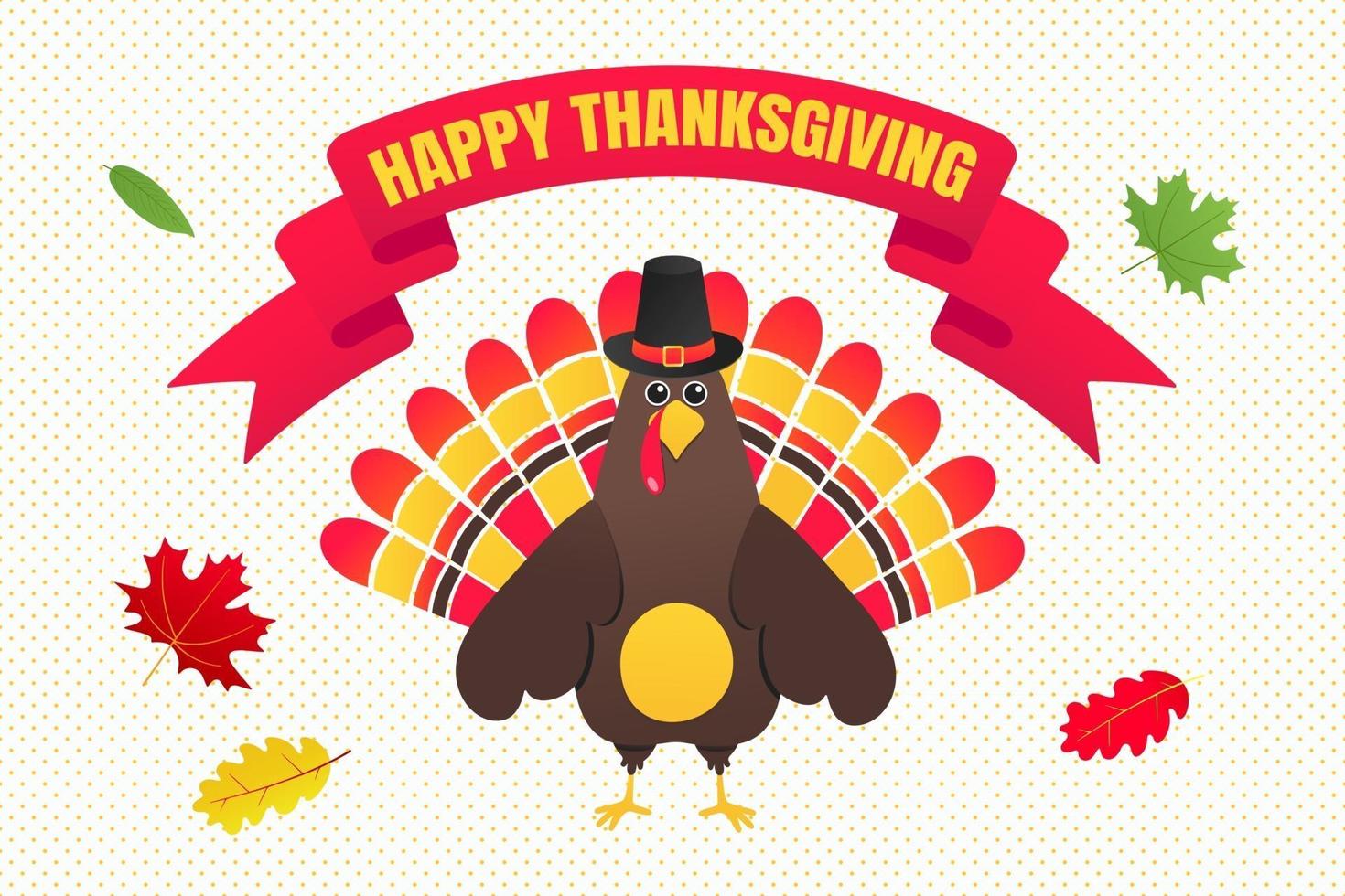 Happy thanksgiving day flat style design poster vector illustration with turkey text give the thanks and autumn maple leaf Turkey with hat and colored feathers celebrate holidays