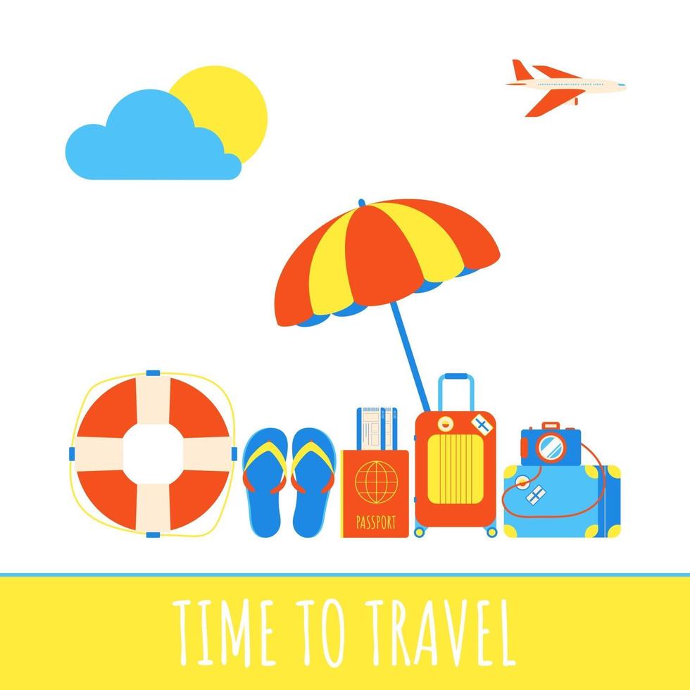 Time to travel summer beach holiday vacation poster or banner flat style design vector illustration concept isolated white background Text island beach hat luggage suitcase passport tickets signs