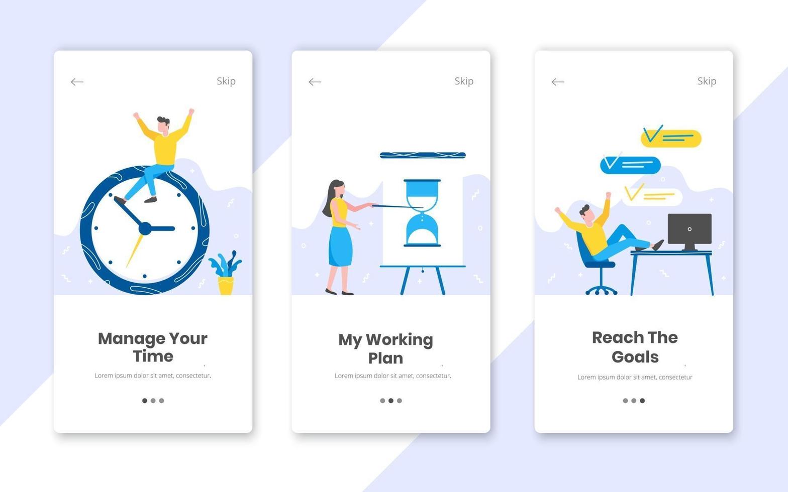 3 vertical time management banners set with work time planning flat style design vector illustration