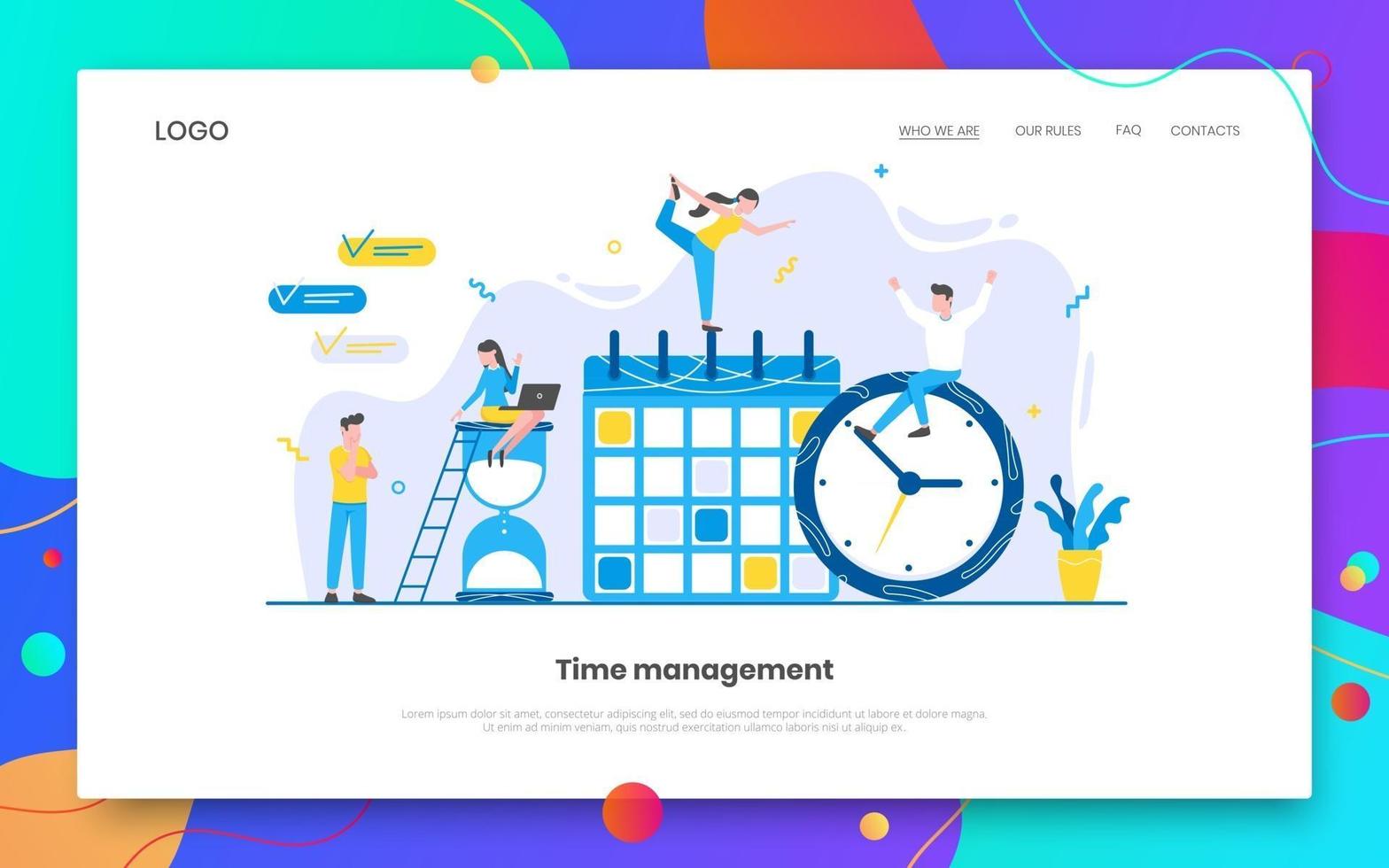 Business time management internet landing page concept with people characters working together vector