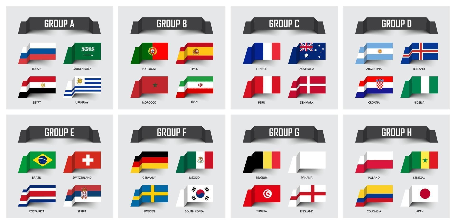 Soccer cup 2018  Set of national flags team group A to H  Sticky note design  Vector for international world championship tournament