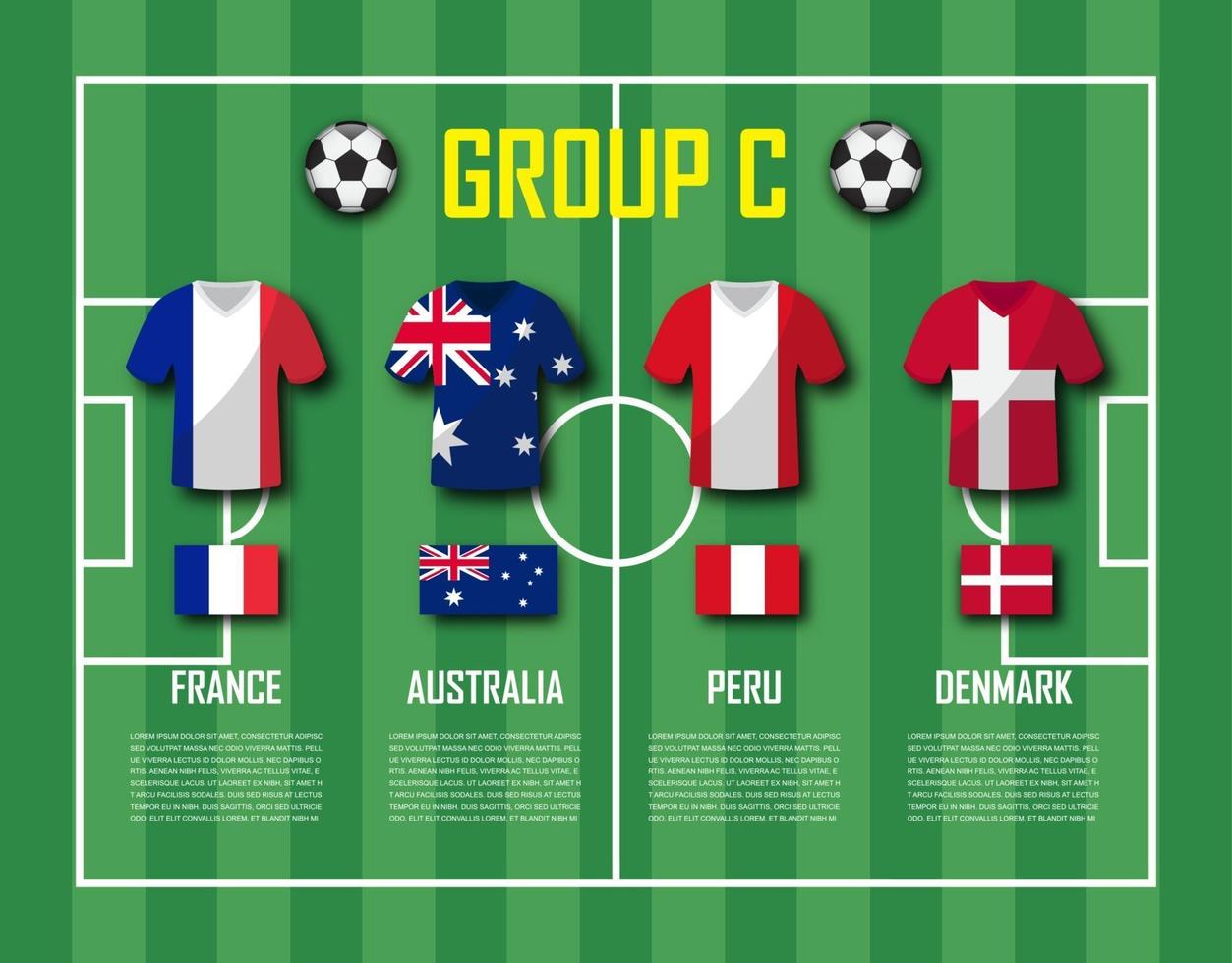 Soccer cup 2018 team group C  Football players with jersey uniform and national flags  Vector for international world championship tournament