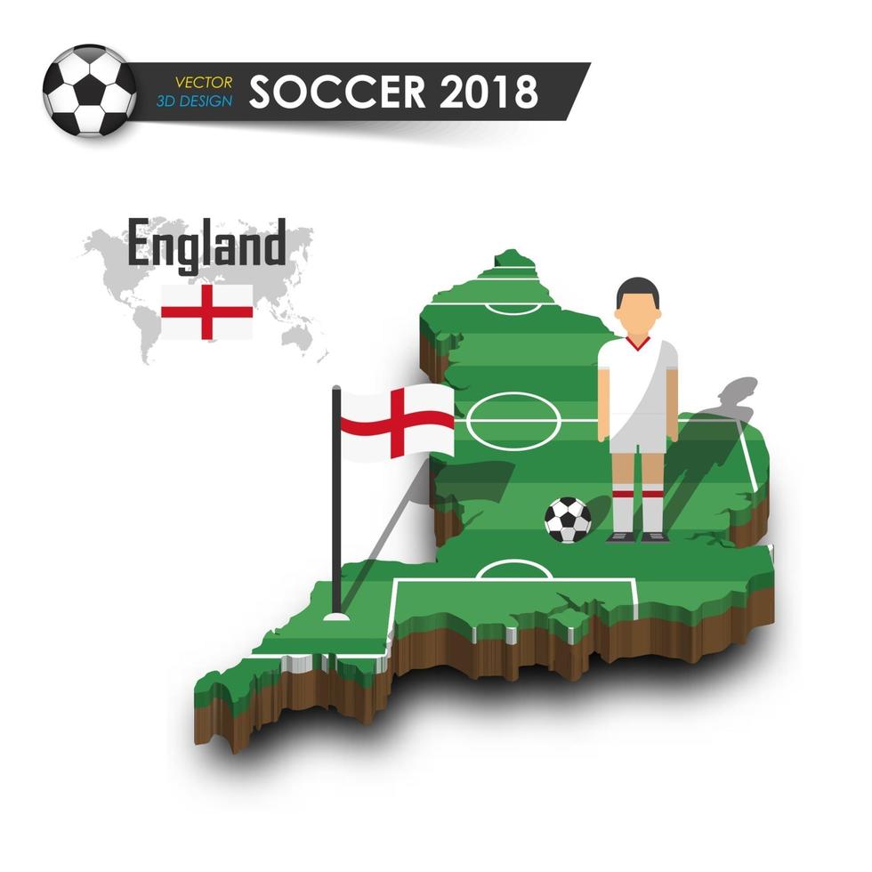 England national soccer team  Football player and flag on 3d design country map  isolated background  Vector for international world championship tournament 2018 concept