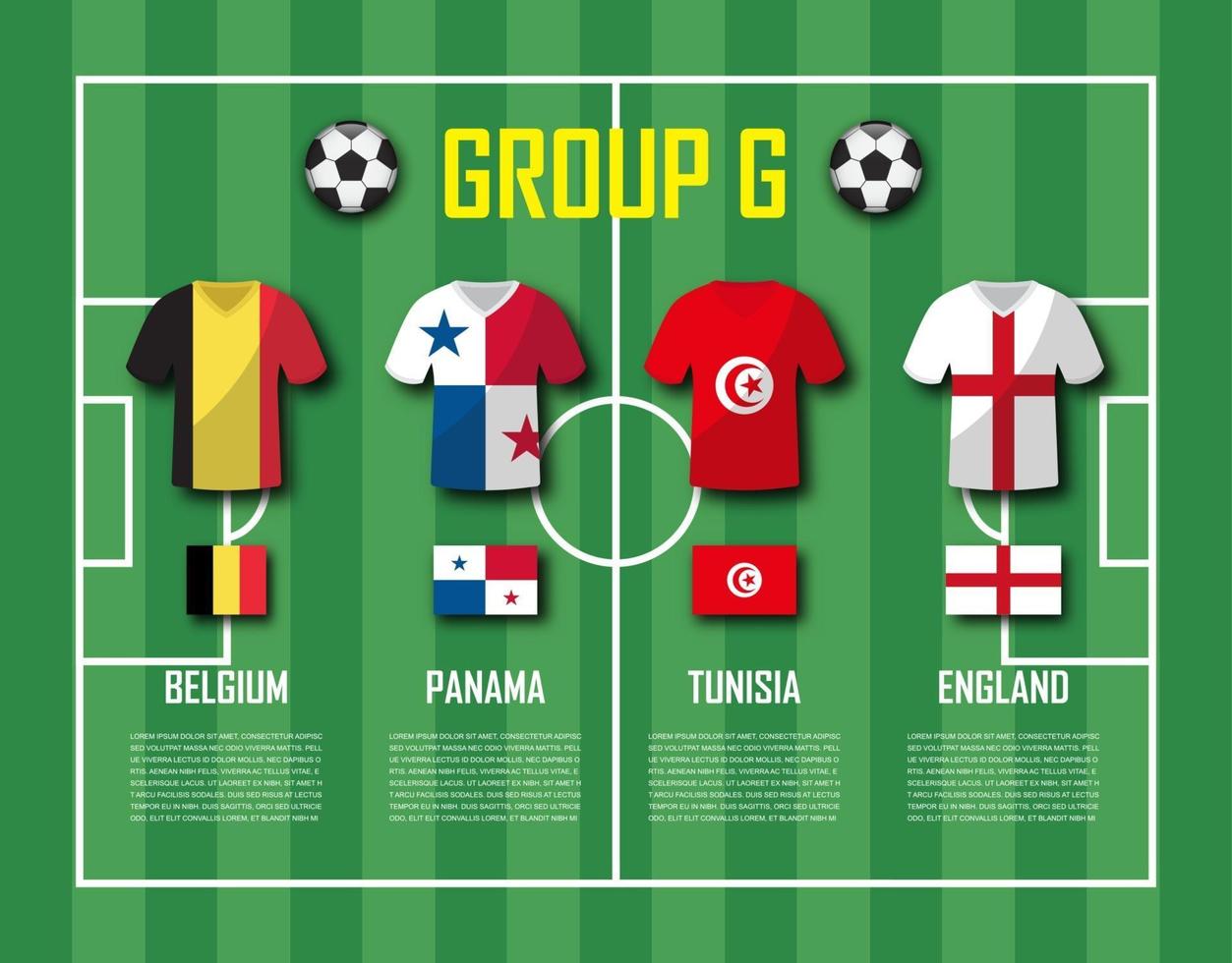 copa de fútbol 2018 equipo grupo g jugadores de fútbol con uniforme de camiseta y vector de banderas nacionales para el torneo del campeonato mundial internacional