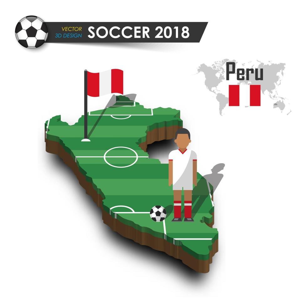 Equipo nacional de fútbol de Perú, jugador de fútbol y bandera en el mapa del país de diseño 3d vector de fondo aislado para el concepto de torneo del campeonato mundial internacional 2018