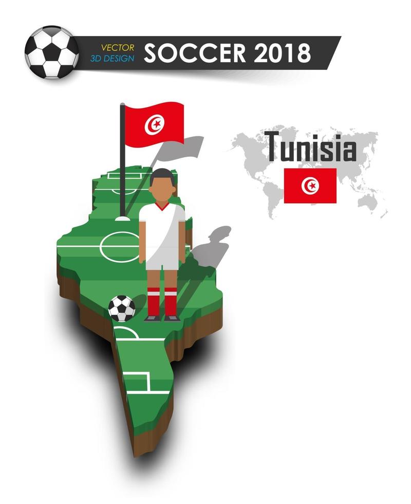 Tunisia national soccer team  Football player and flag on 3d design country map  isolated background  Vector for international world championship tournament 2018 concept