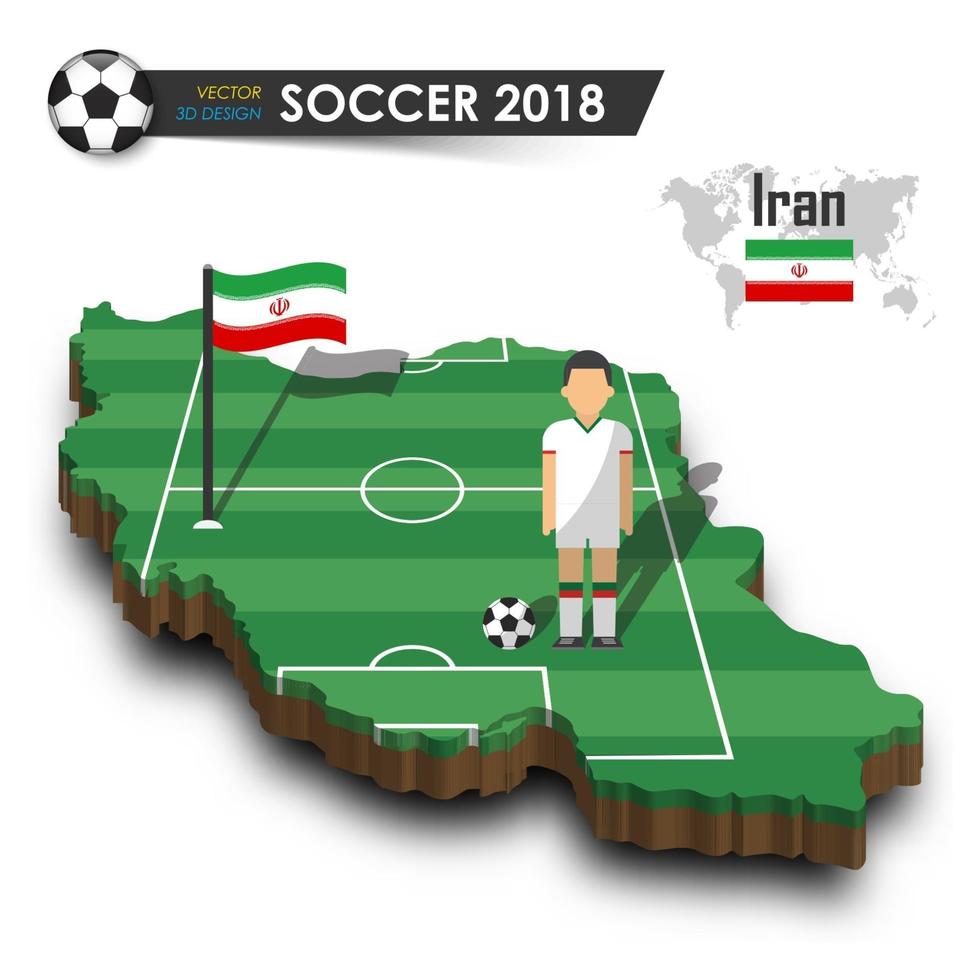 Irán equipo nacional de fútbol jugador de fútbol y la bandera en el mapa del país de diseño 3d vector de fondo aislado para el concepto del torneo del campeonato mundial internacional 2018