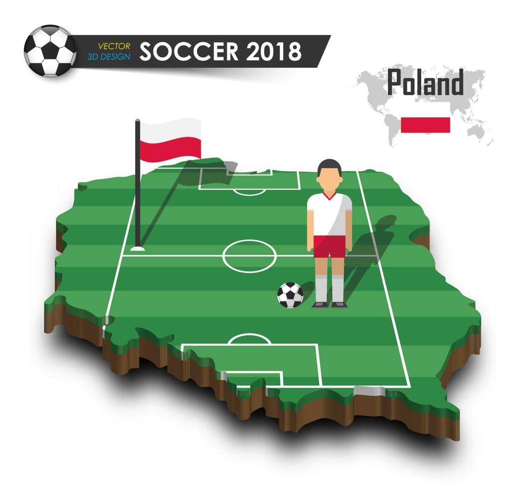 Jugador de fútbol del equipo nacional de fútbol de Polonia y la bandera en el mapa del país de diseño 3d vector de fondo aislado para el concepto del torneo del campeonato mundial internacional 2018