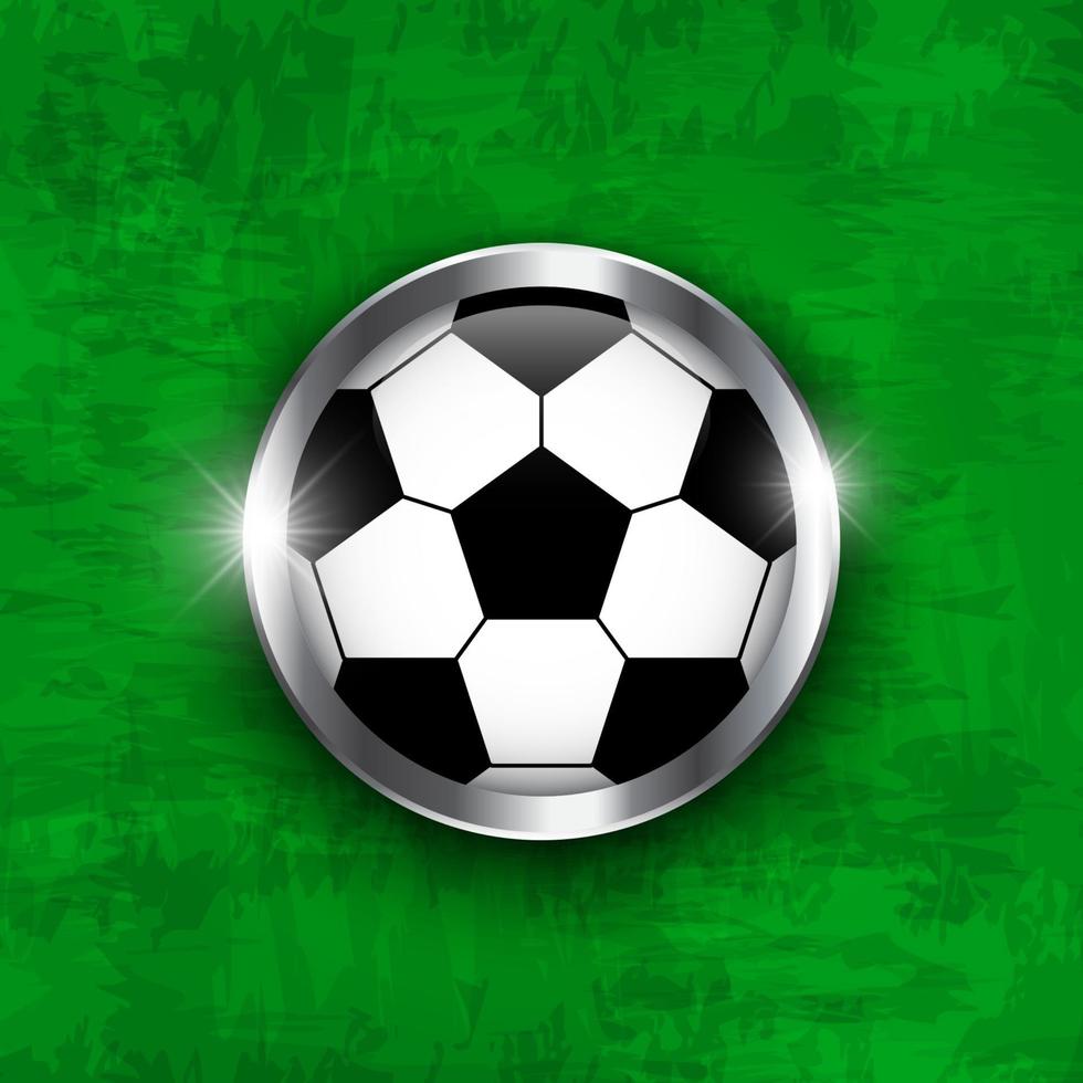 icono de fútbol balón de fútbol con borde de metal y cubierto de vidrio en color verde vector de fondo de textura de hierba para el torneo del campeonato mundial internacional