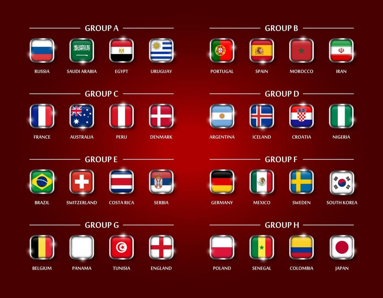 equipo de fútbol o copa de fútbol 2018 conjunto de grupo de diseño cuadrado cubierto de vidrio de la bandera nacional con borde de metal y brillo sobre fondo de color rojo vector para el torneo del campeonato mundial internacional