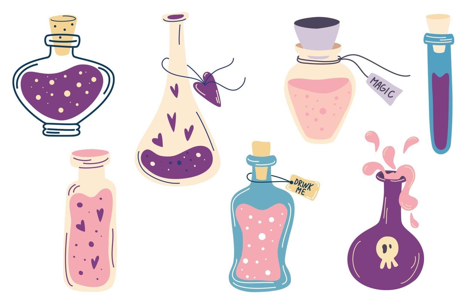 Conjunto de botellas de pociones mágicas con poción de veneno líquido colorido de cono de amor con símbolo mágico de elixir para invitar a amor tarjetas de felicitación y diseño de impresión para ilustración de vector de halloween