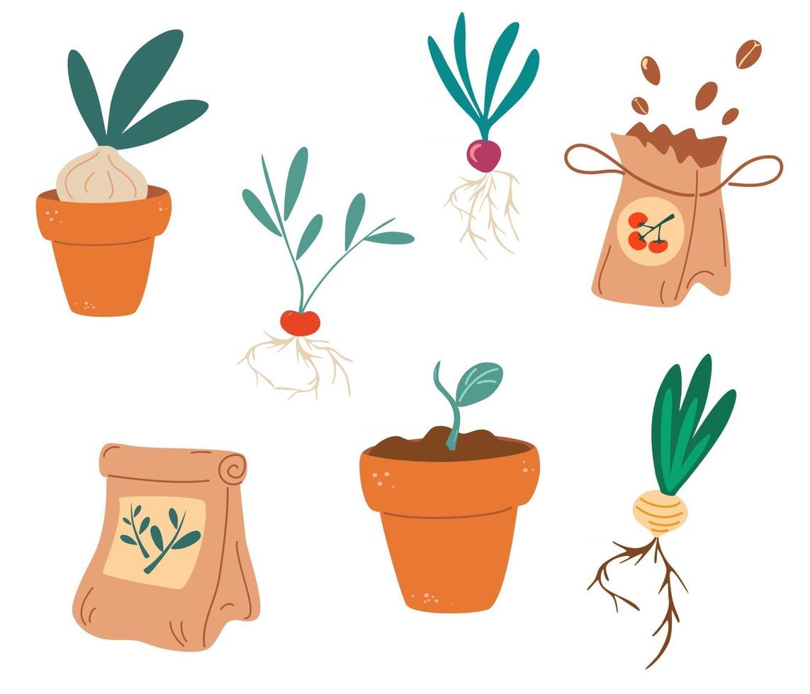 conjunto de plántulas semillas fertilizantes plántulas maceta con brotes tubérculos cultivo de plantas en contenedores jardinería primavera plántulas cultivo de hortalizas ilustración vectorial diseño plano vector