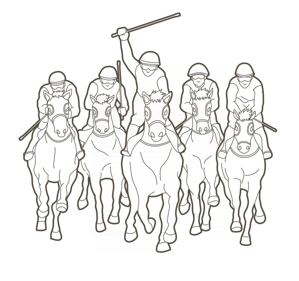 Outline Group of Jockey Riding Horse vector