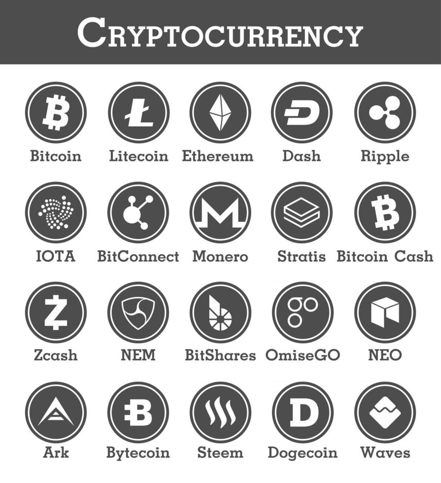Set of cryptocurrency icon  Black and white design  Vector