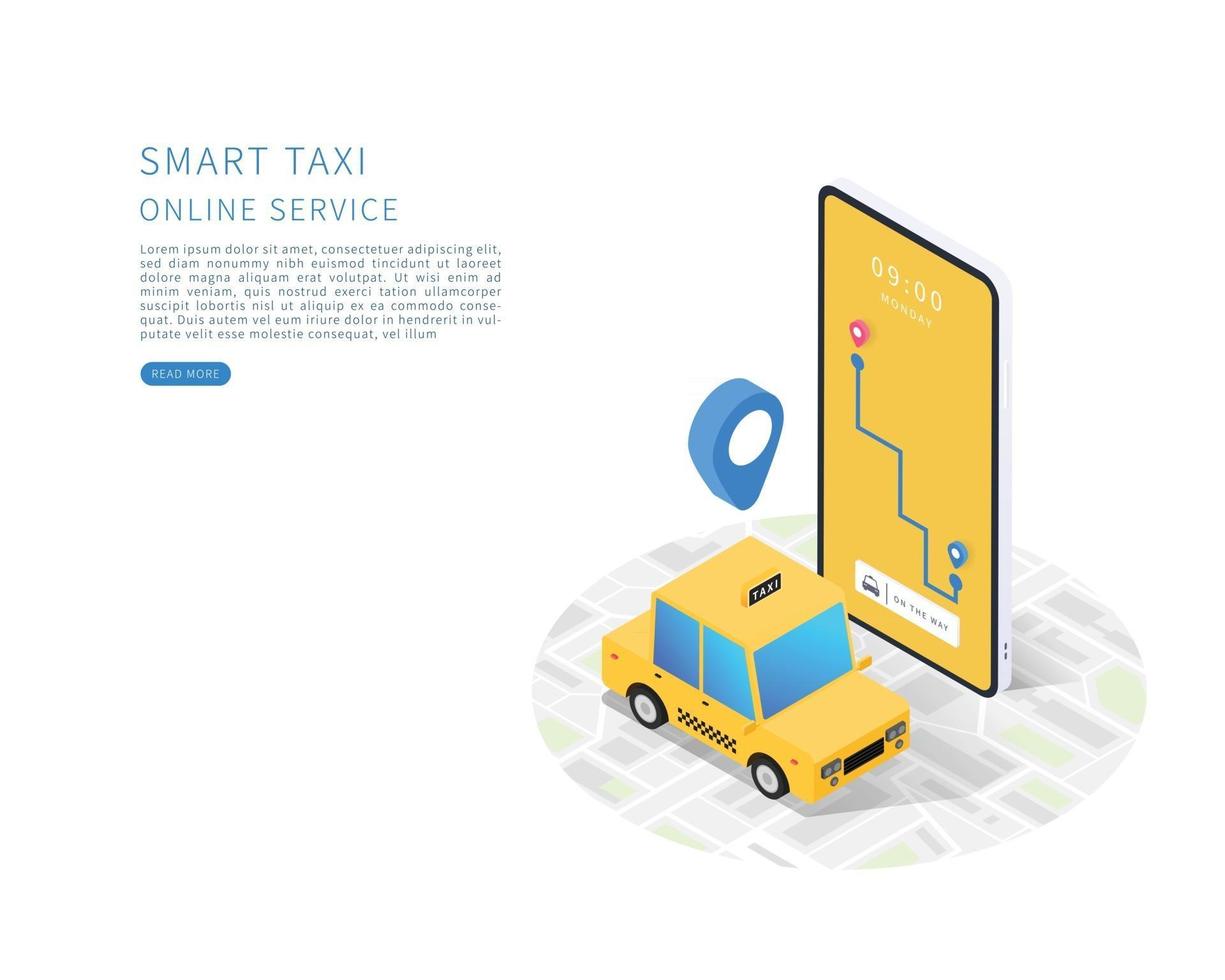Ilustración de vector plano isométrico de concepto de servicio de taxi en línea de taxi inteligente