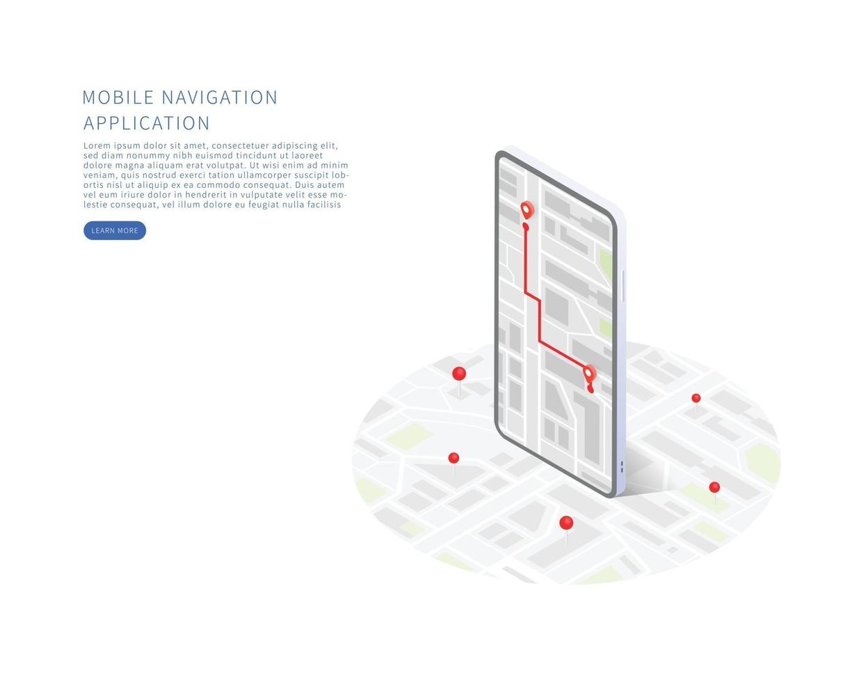 Mobile navigation application in isometric vector illustration City isometric plan with buildings road gps tracking on smartphone Map on mobile application
