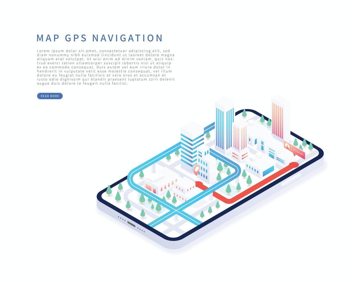 aplicación de navegación móvil en el plano isométrico de la ciudad de la ilustración del vector isométrico con el seguimiento de gps de la carretera de los edificios en el mapa del teléfono inteligente en la aplicación móvil