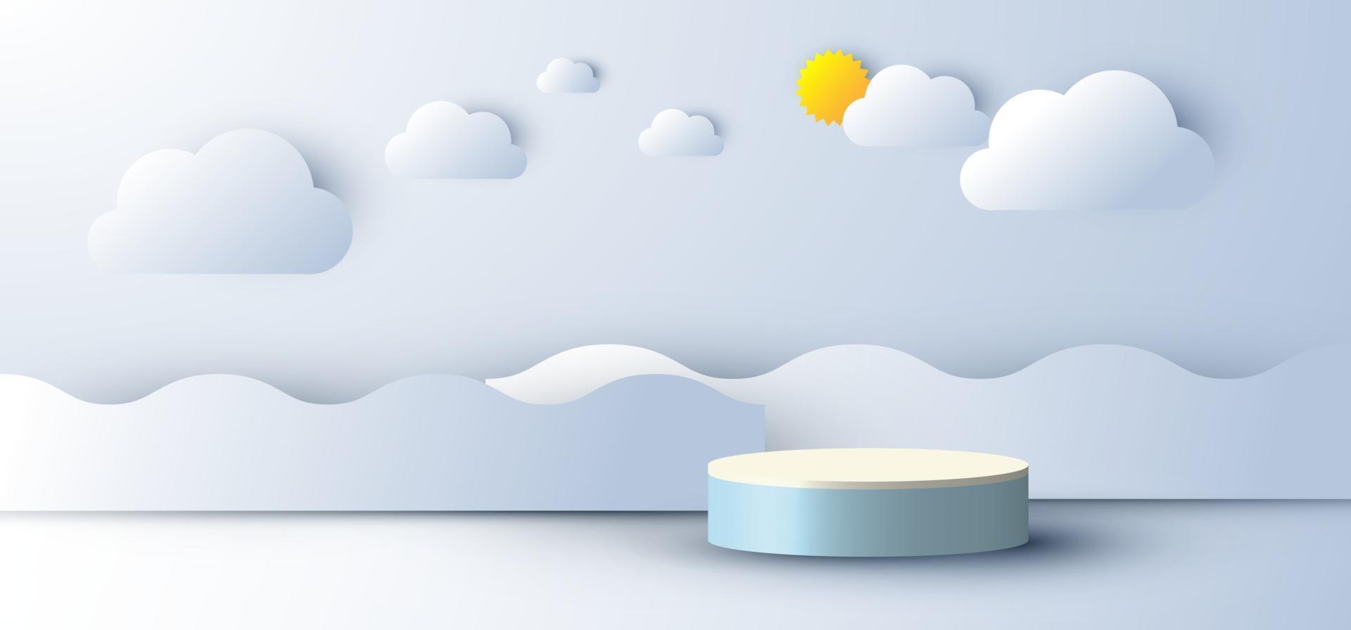 3D realistic abstract minimal scene empty podium display with cloud and sun wave sea paper cut style on blue sky background vector