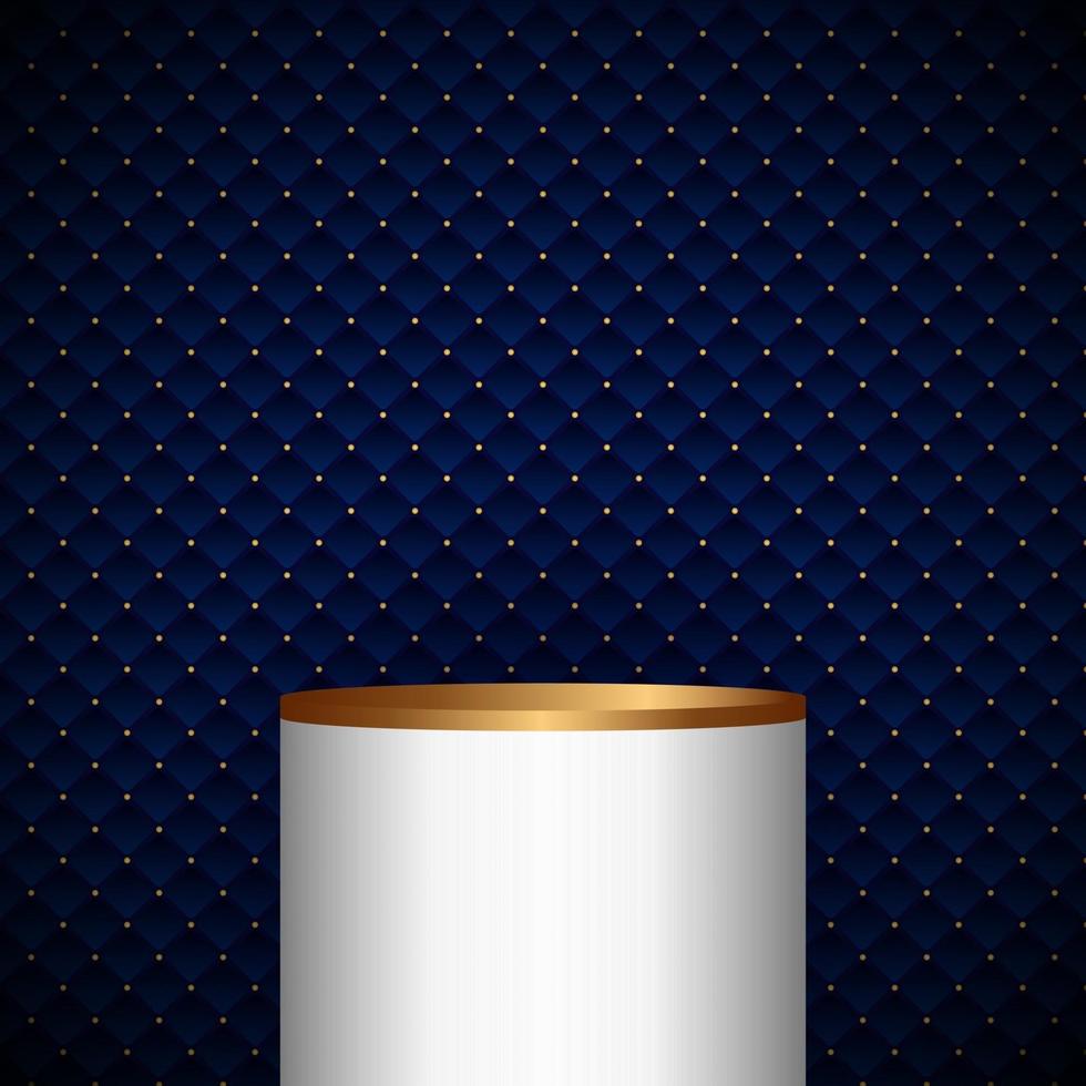 3D realistic white and gold pedestal cylinder product shelf on blue geometric squares pattern design with golden dots luxury background and texture vector