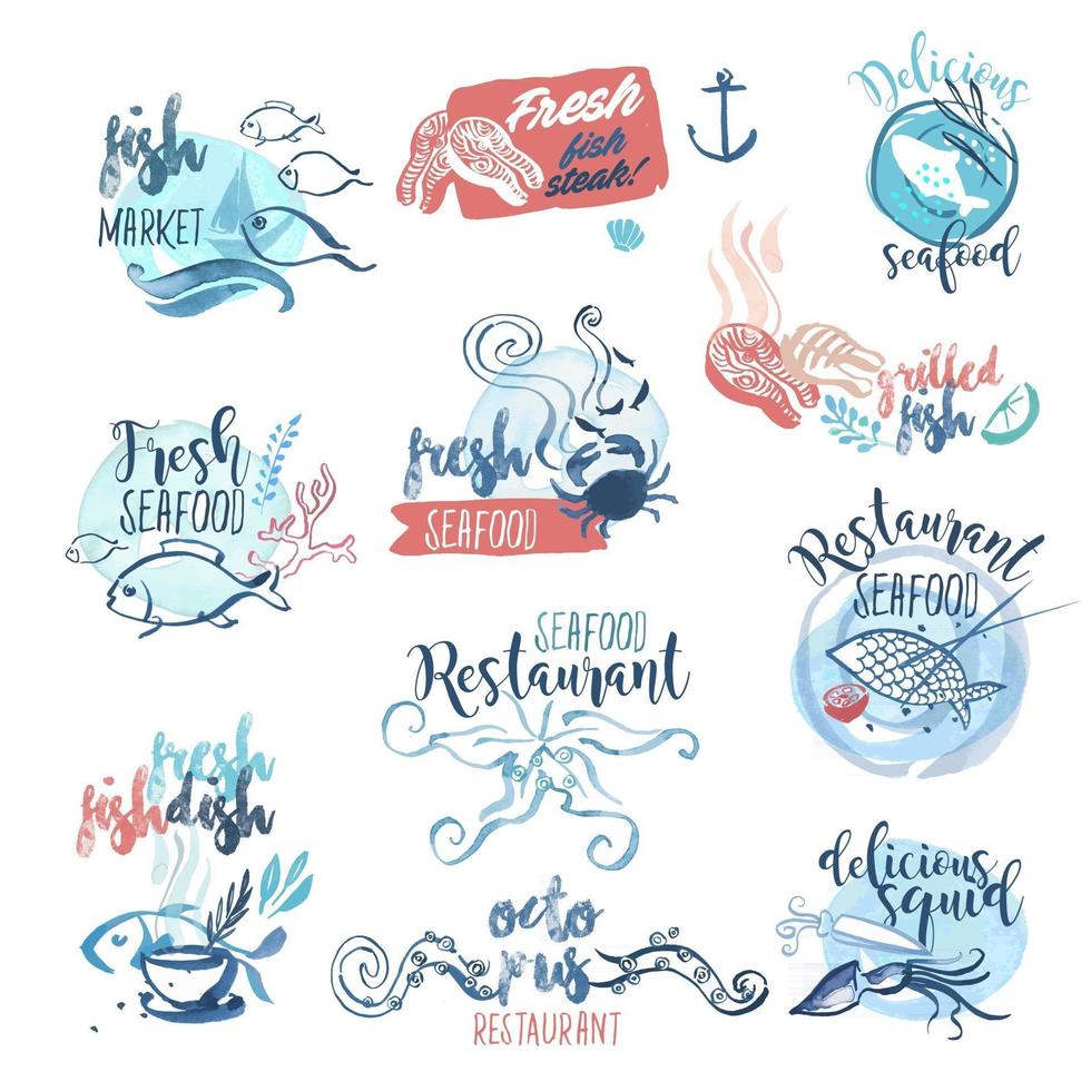 Seafood Hand Drawn Watercolor Signs vector