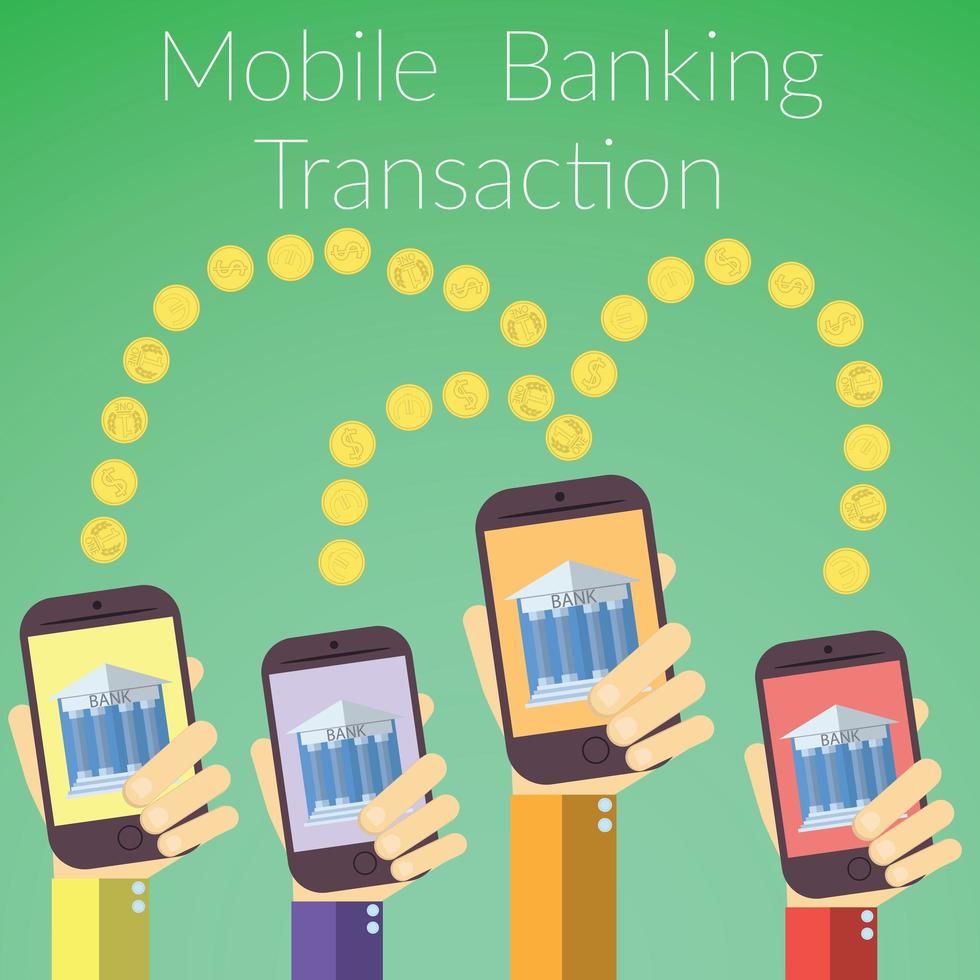 Flat design vector illustration of hands holding smart phones with bank icon. Concept for online banking transaction, on color background