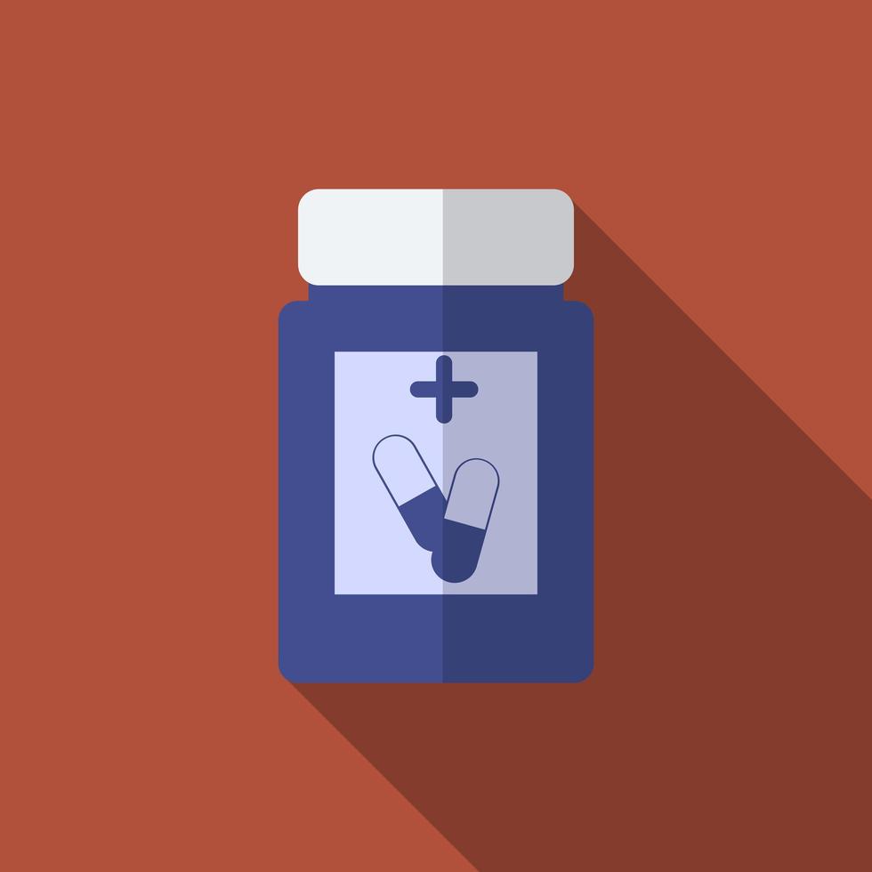 Ilustración de vector moderno de diseño plano del icono de píldoras médicas con una larga sombra