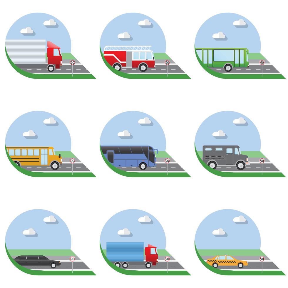 Ilustración de vector de diseño plano Iconos planos de transporte de la ciudad. camiones, autobuses, taxis, limusinas, camiones de bomberos y autobuses escolares