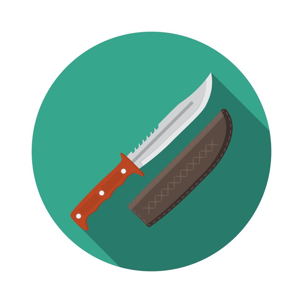 Ilustración de vector moderno de diseño plano de icono de cuchillo de caza, equipo de camping y senderismo con sombra larga