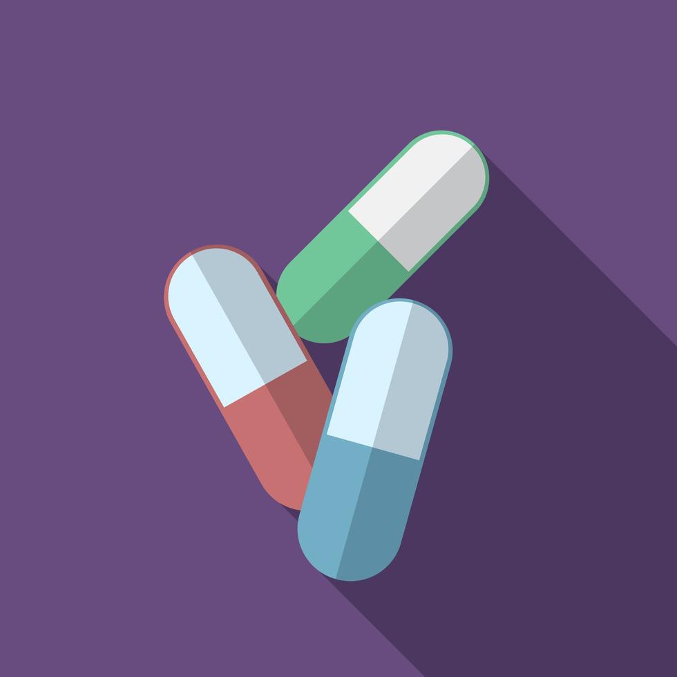 Flat design modern vector illustration of medical pills icon with long shadow