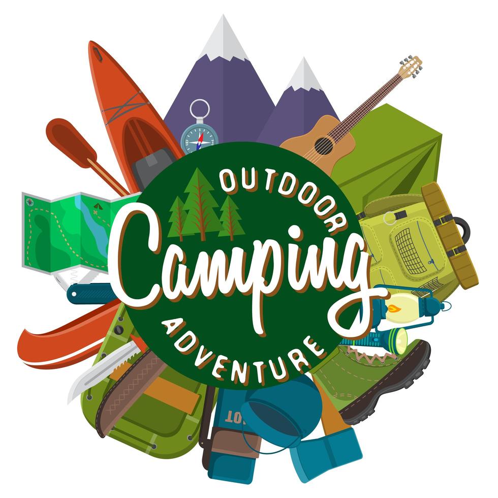 Flat design modern vector illustration of camping and hiking equipment set. Travel and vacation items, car rubber boat and shoes, tent, knife and axe, backpack and hiking shoes, campfire and guitar