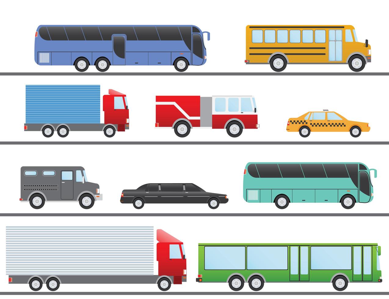 Ilustración de vector de diseño plano Iconos planos de transporte de la ciudad. camiones, autobuses, taxis, limusinas, camiones de bomberos y autobuses escolares