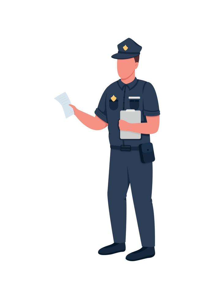 Policeman with penalty ticket flat color vector faceless character