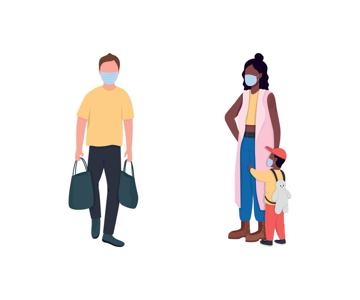 African and caucasian people in masks flat color vector faceless character set