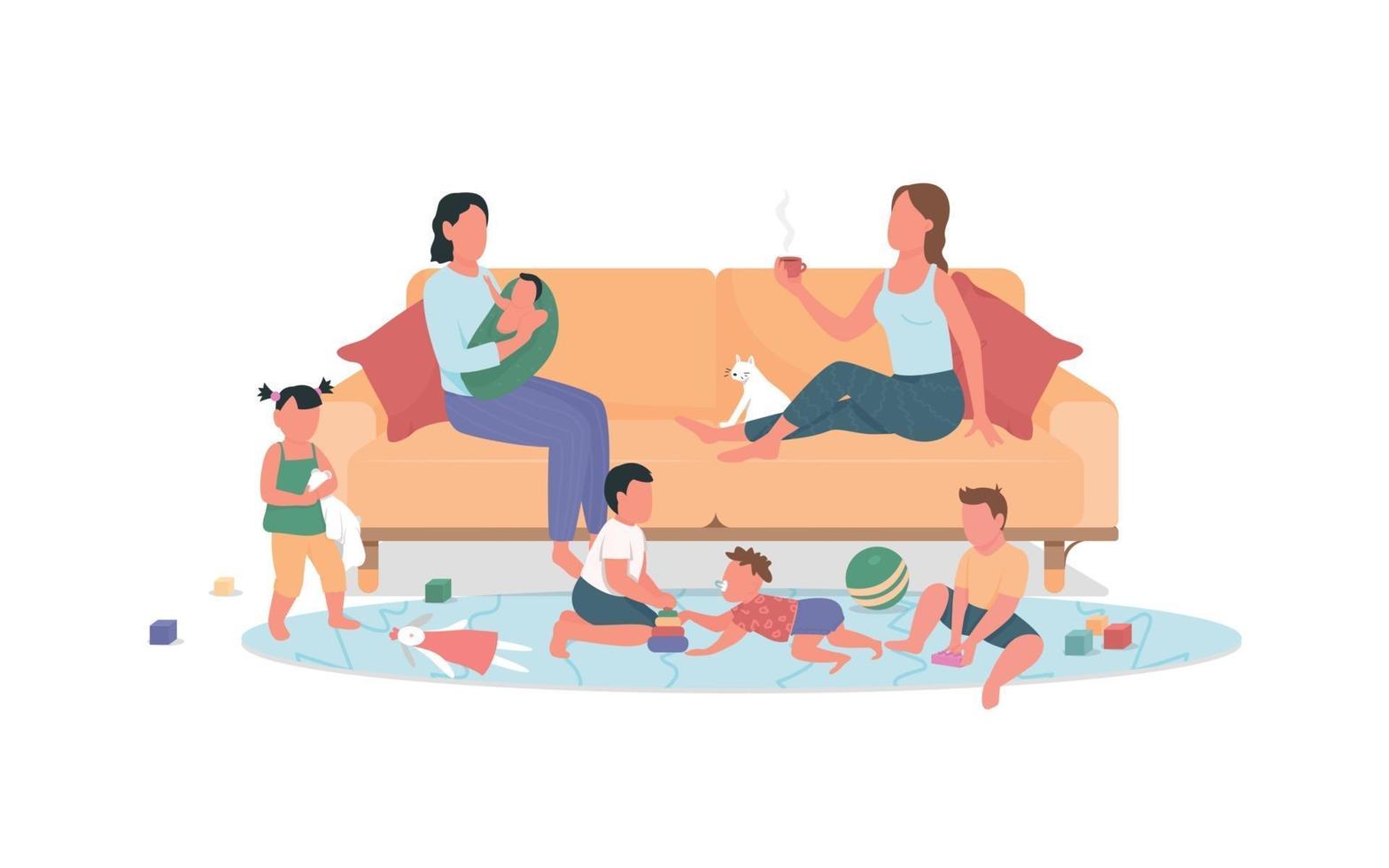 Two mothers with children rest at home flat color vector faceless characters