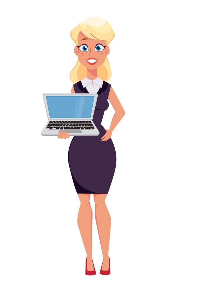 Young cartoon businesswoman holding laptop vector