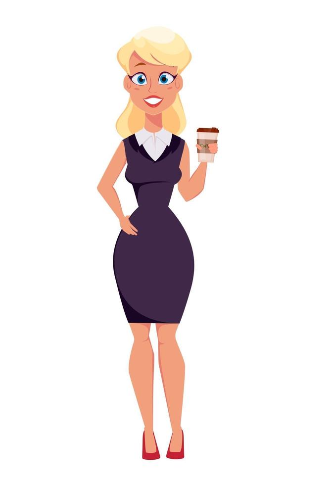 caricatura, joven, mujer de negocios, posición, con, café, mientras, descanso para tomar café vector