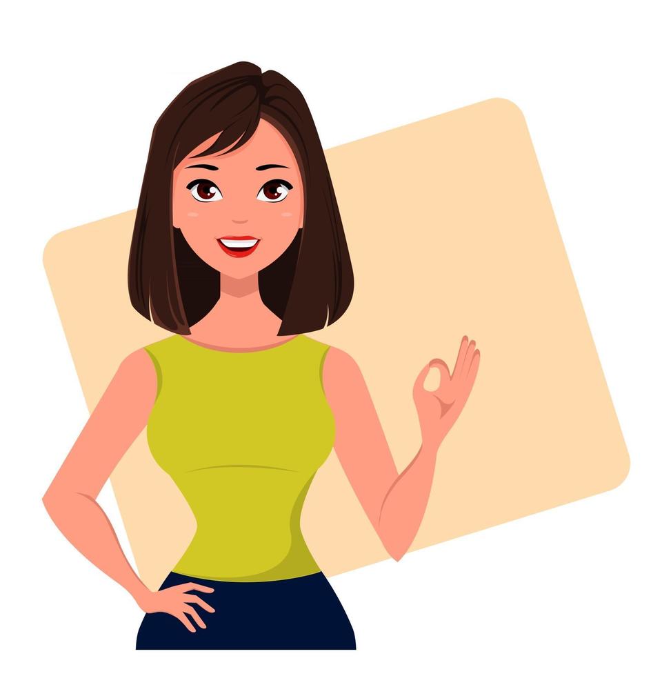 Young cartoon businesswoman showing OK gesture vector