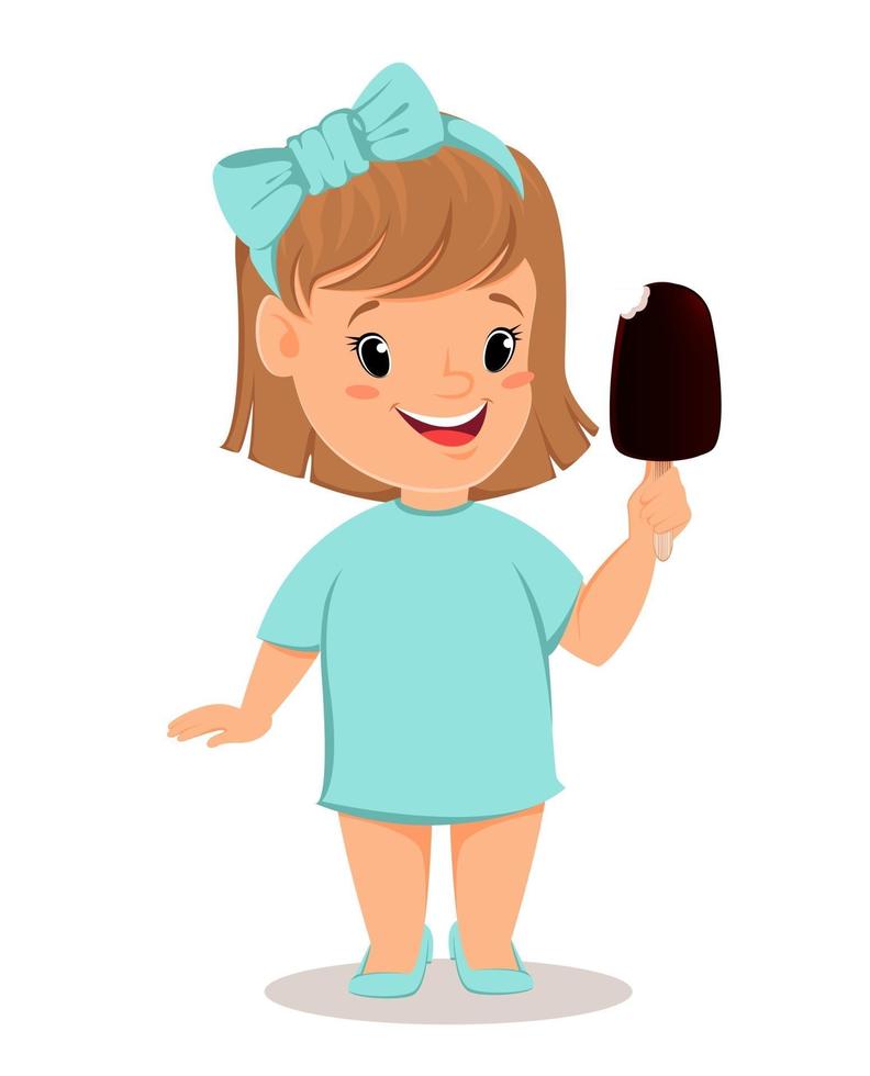 Pretty little girl in blue dress eating ice cream vector