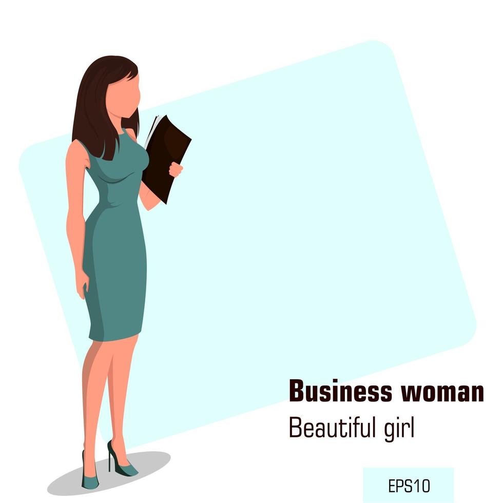 Young cartoon businesswoman in office dress holding document case vector