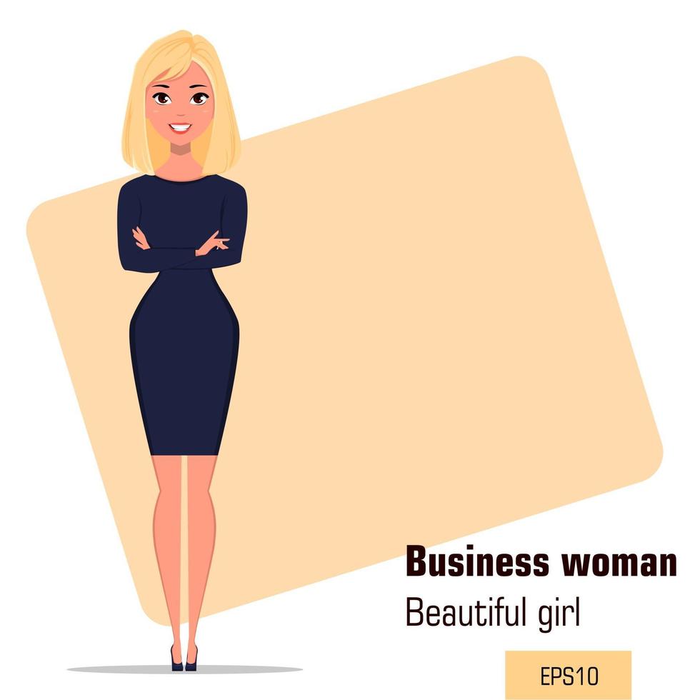 Young cartoon businesswoman standing with crossed hands in office situation vector