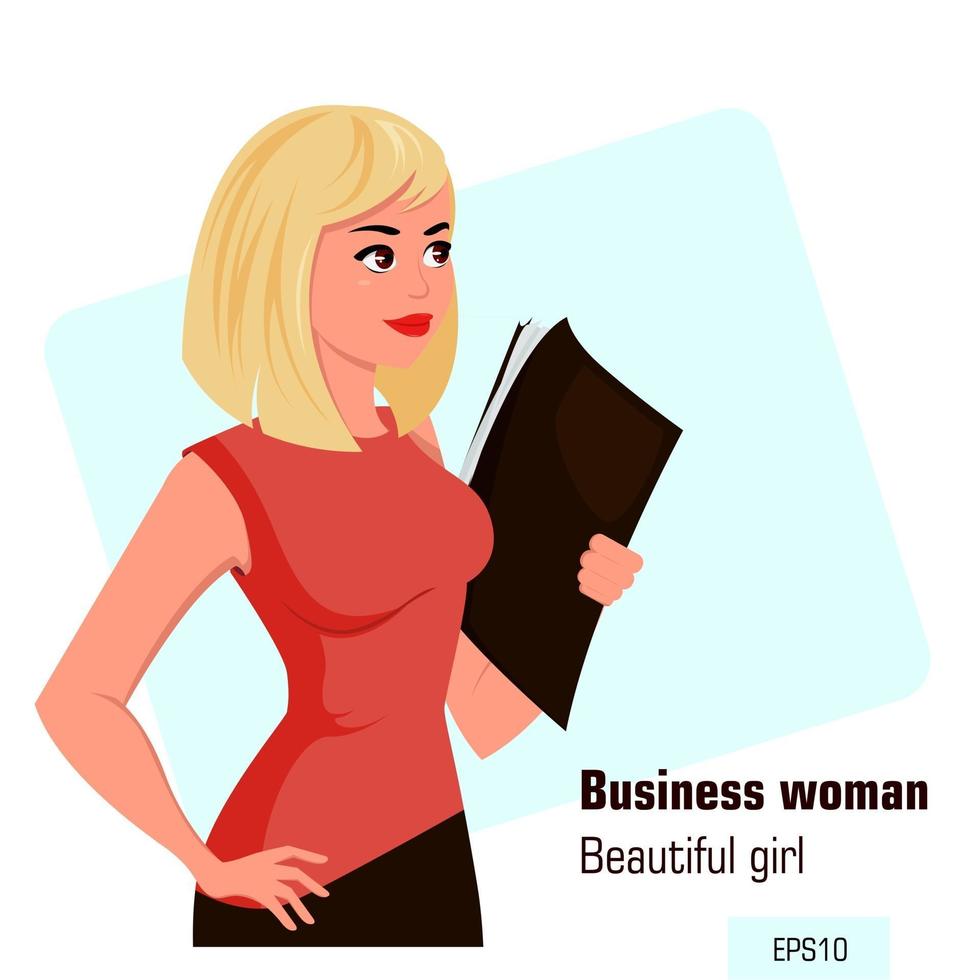 Young cartoon businesswoman in office dress holding document case vector