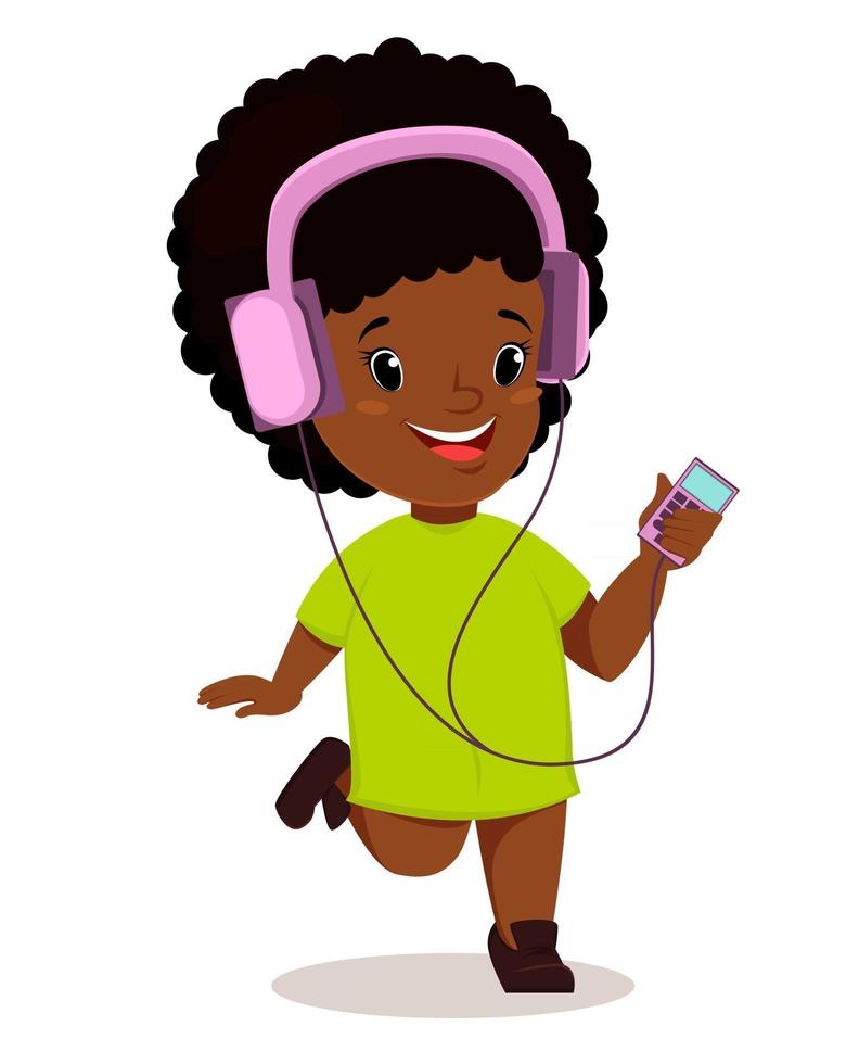 niña africana corriendo y escuchando música vector
