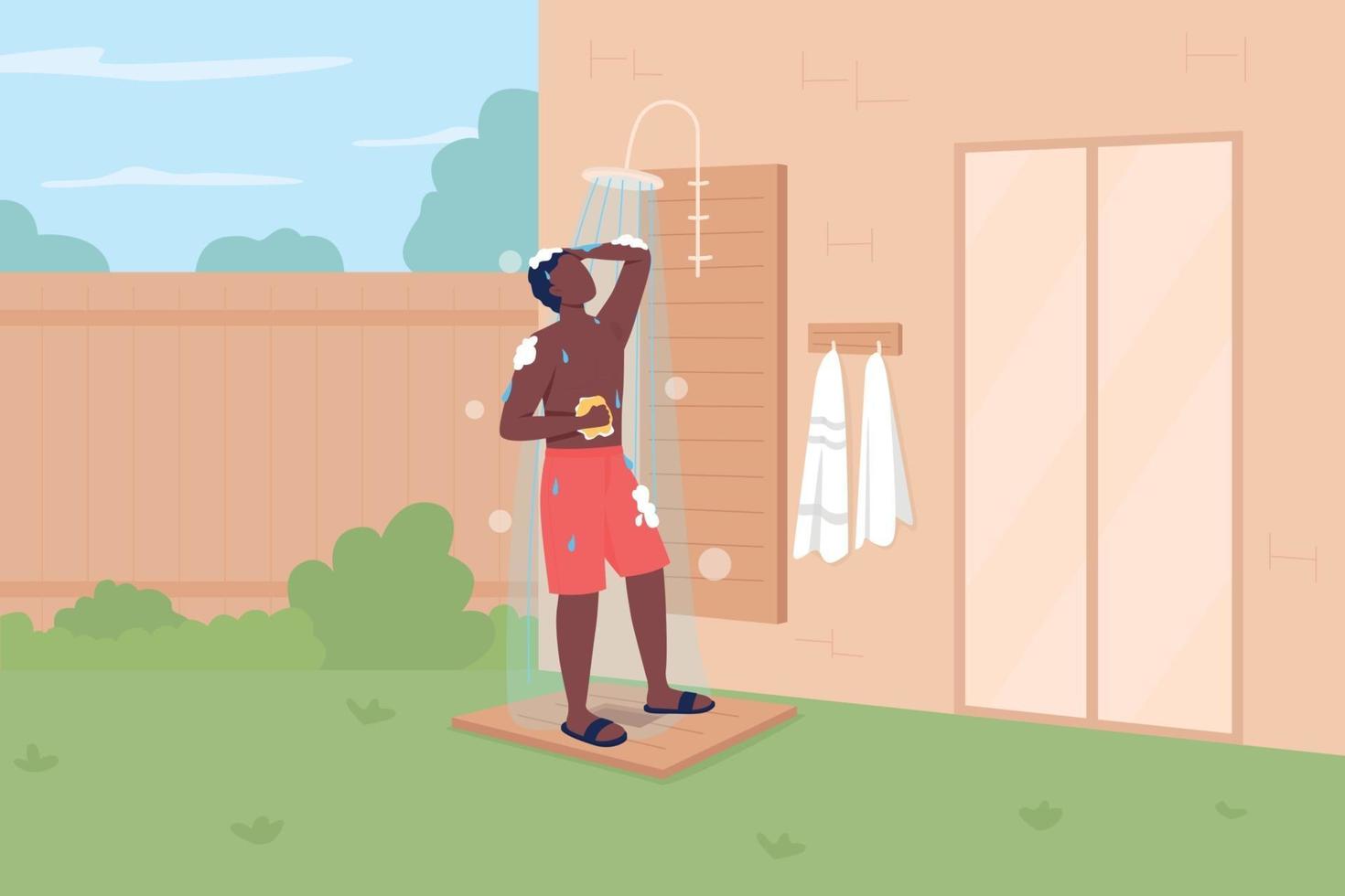 Taking shower in backyard flat color vector illustration