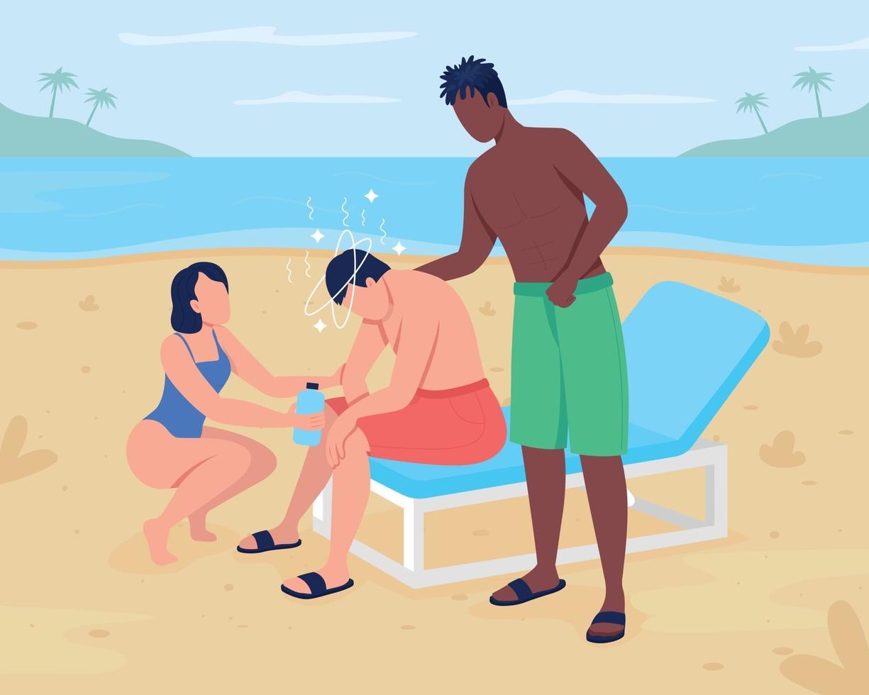 Heat stroke at beach flat color vector illustration