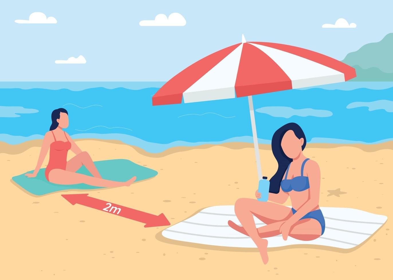 Social distancing at beach flat color vector illustration