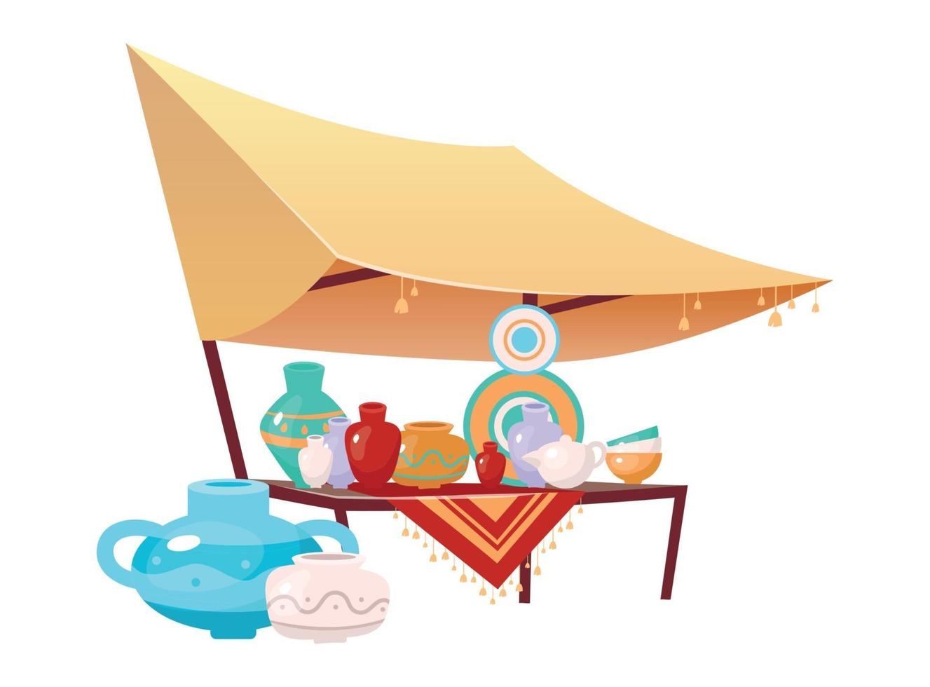 Bazaar awning with handmade pottery cartoon vector illustration