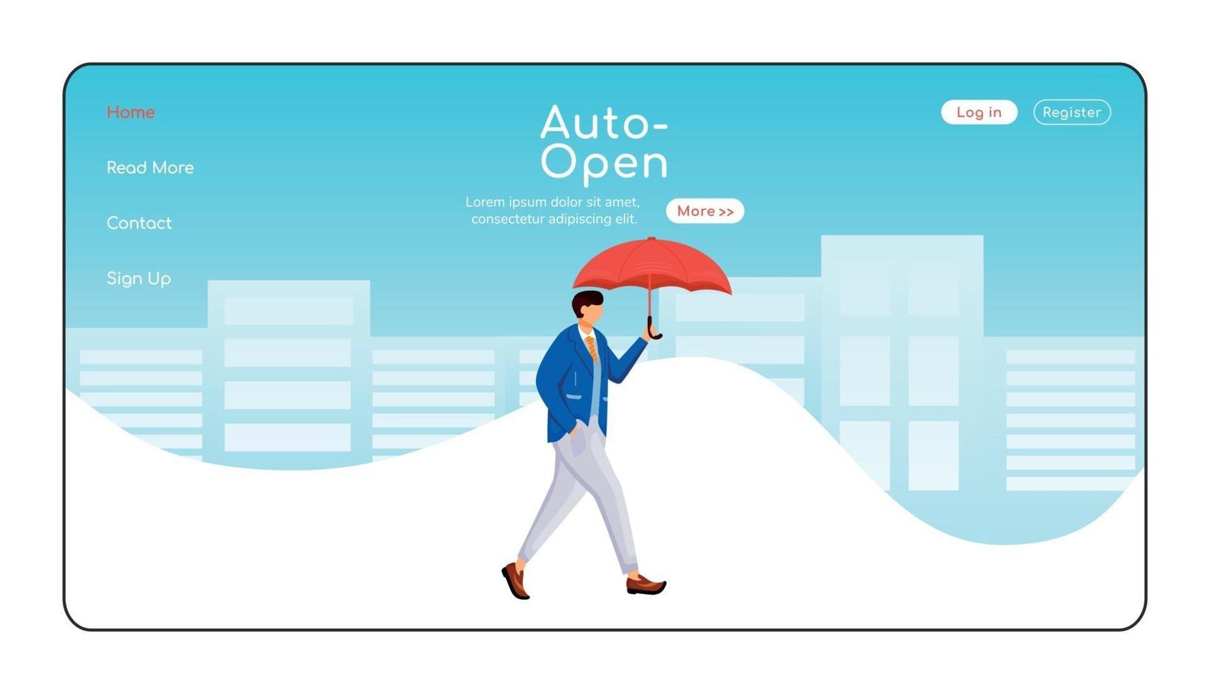 Auto open umbrella landing page flat color vector template