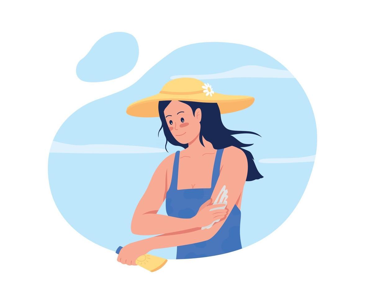 Girl applying sunscreen lotion on arms 2D vector isolated illustration