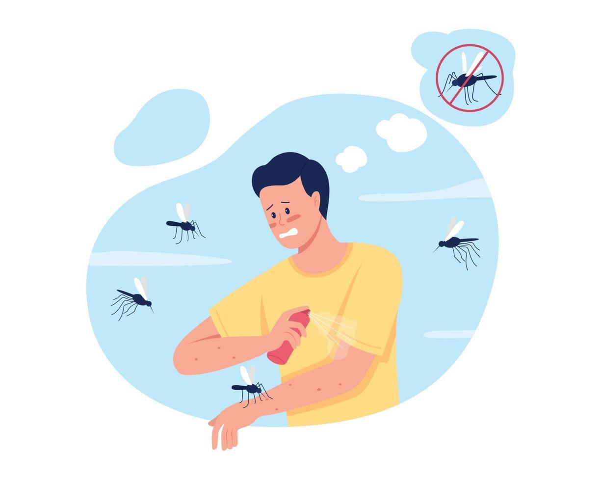 Keeping mosquitoes away while summer camping 2D vector isolated illustration