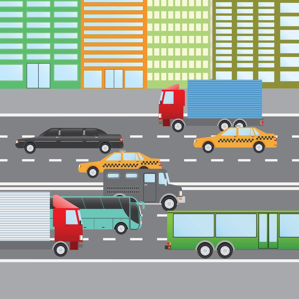 Ilustración de vector de diseño plano del tráfico de la ciudad, iconos planos de transporte. camiones, bus, taxi, limusina, camión de banco.